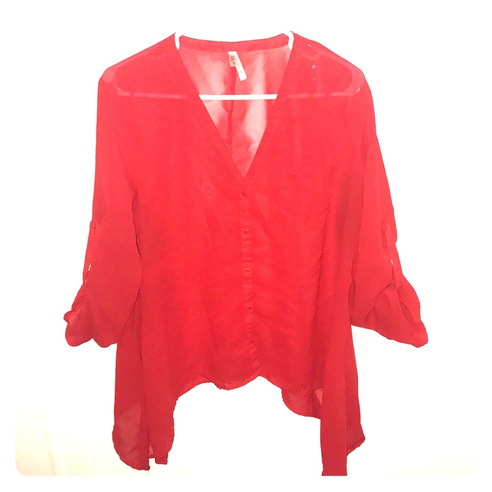 Red shark bite blouse rolled button sleeves